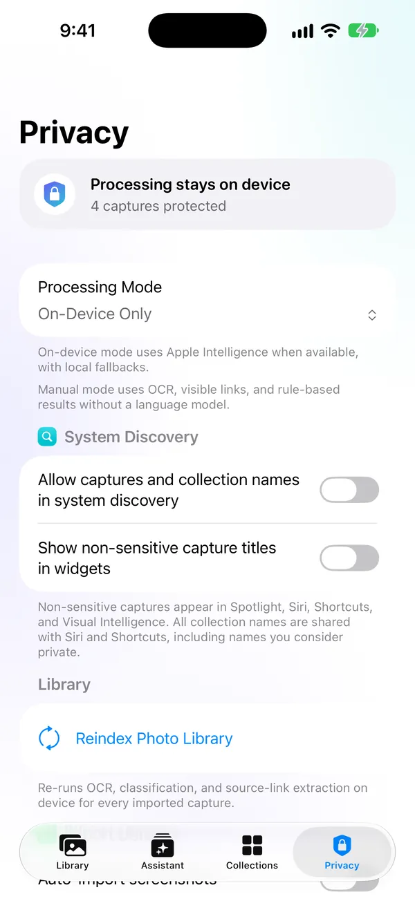 CaptureVault Privacy tab: processing stays on device, and the system discovery and widget title switches are off.