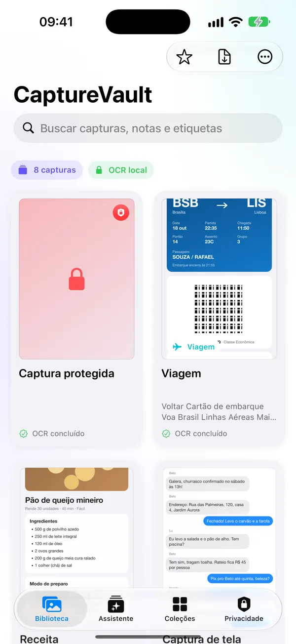 Biblioteca do CaptureVault com cartões de captura: um cartão de embarque marcado como Viagem, uma receita de pão de queijo, uma conversa sobre um churrasco e uma captura protegida.